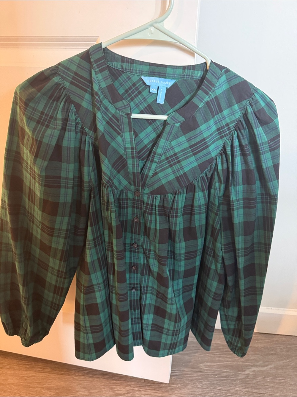 Draper James Black and Green Plaid Button Front Top